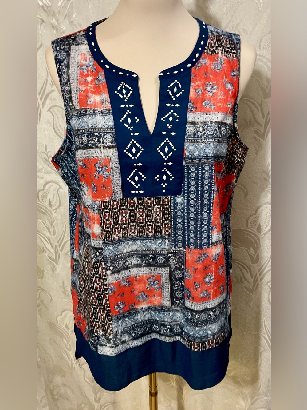 Verve Ami Navy and Coral Patchwork Sleeveless Tank Top